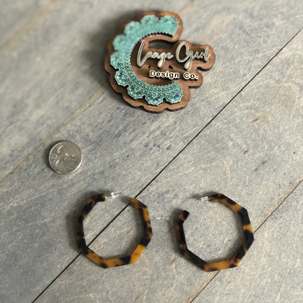 Beautiful Handmade Tortoise Shell Patterned Oversized Octagonal Large Hoops - Picture 3 of 4